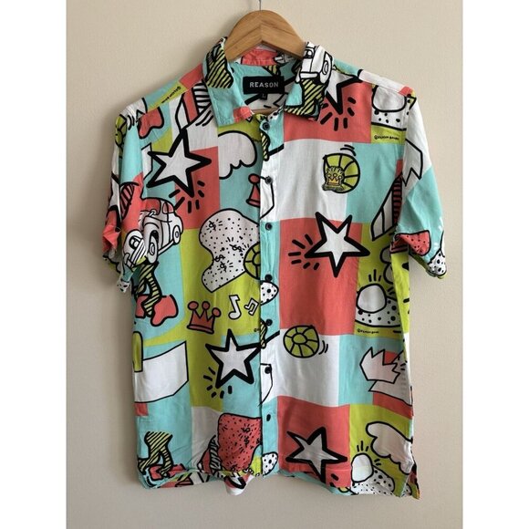 Reason Brand Button Up Shirt Men's Size M/L Camp Colorful Lightweight - Picture 1 of 12